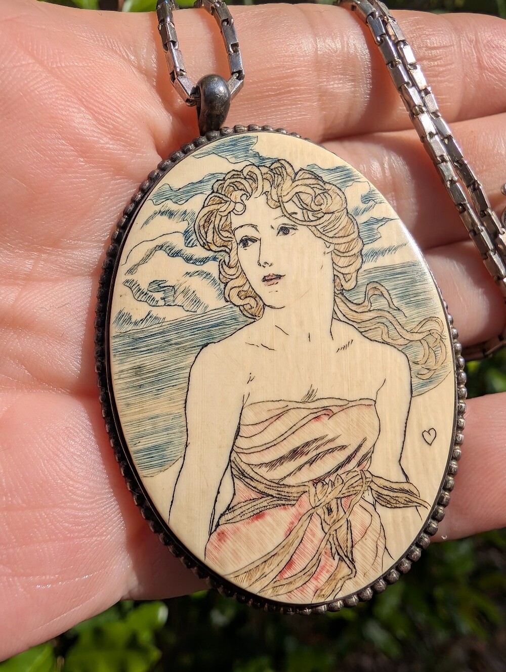 Signed Wes Gray Scrimshaw Portrait Pendant Necklace Native American